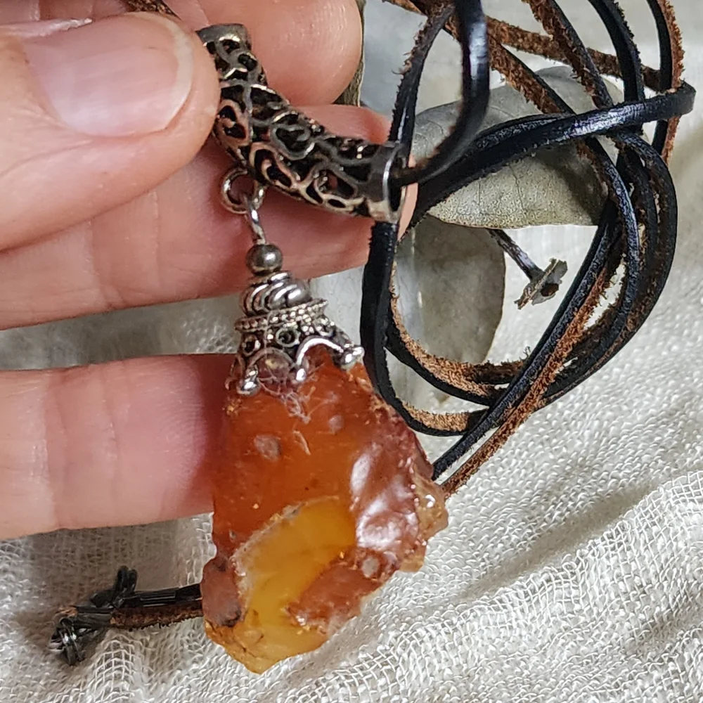Amber Jewelry Boho Tribal Talisman AMBER NUGGET PENDANT Genuine Leather Cord